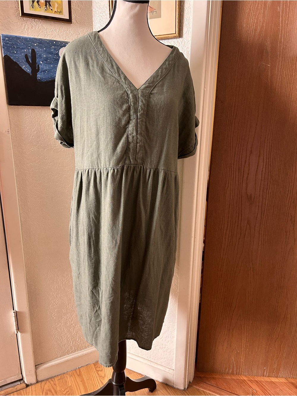 V-Neck Short Sleeve Olive Green Women’s Dress